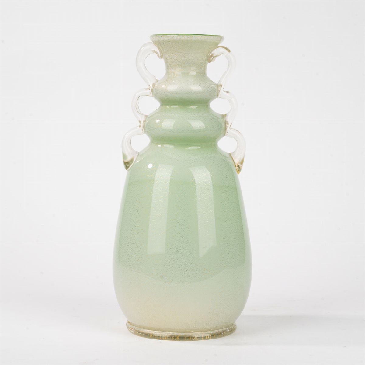 Vaso in Vetro di Murano Verde Spruzzato in Oro, Biansato, Secolo XX