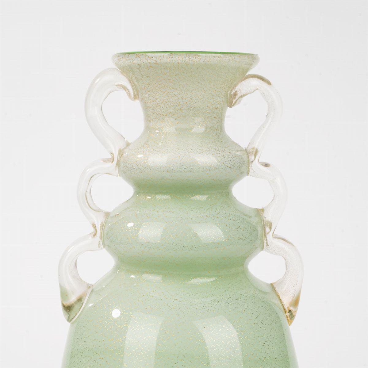 Vaso in Vetro di Murano Verde Spruzzato in Oro, Biansato, Secolo XX