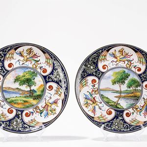 Pair of ceramic plates representing landscapes, Faenza, 20th century
