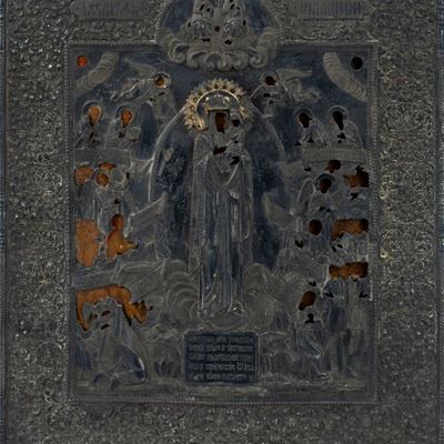 Icona Raffigurante Madonna e Santi con Riza in Argento, Russia Secolo XIX