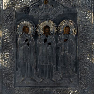Icona Raffigurante Gesù e Santi con Riza in Argento. Secolo XIX
