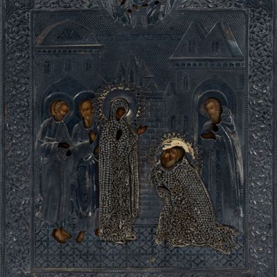Icona Raffigurante Madonna e Santi con Riza in Argento, Russia Secolo XIX
