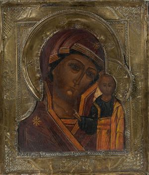 Icona raffigurante Madonna con Bambino con riza in metallo, Russia, secolo XIX