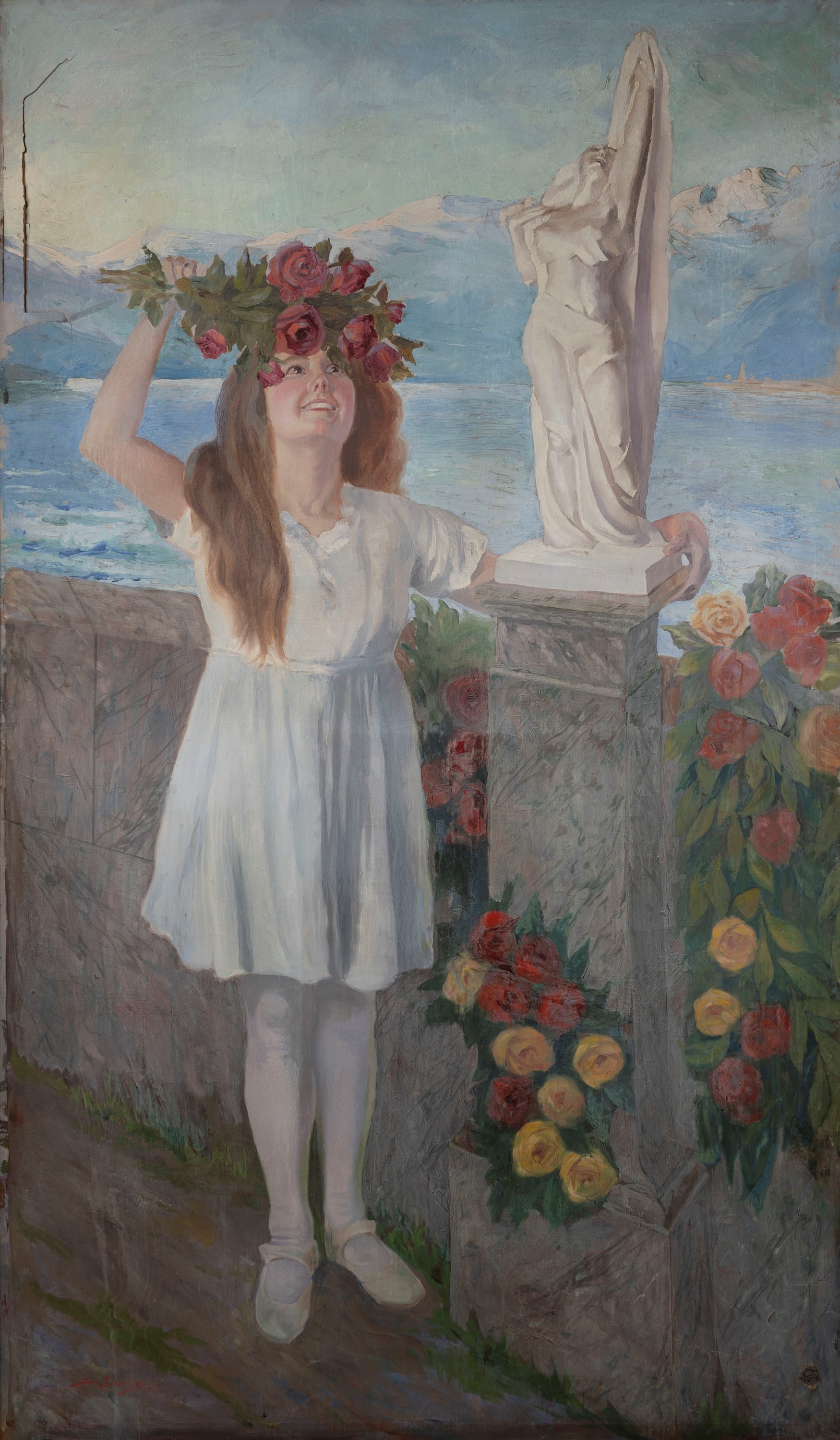 Silvio Barbieri - Bambina con Ghirlanda di Fiori su una Terrazza