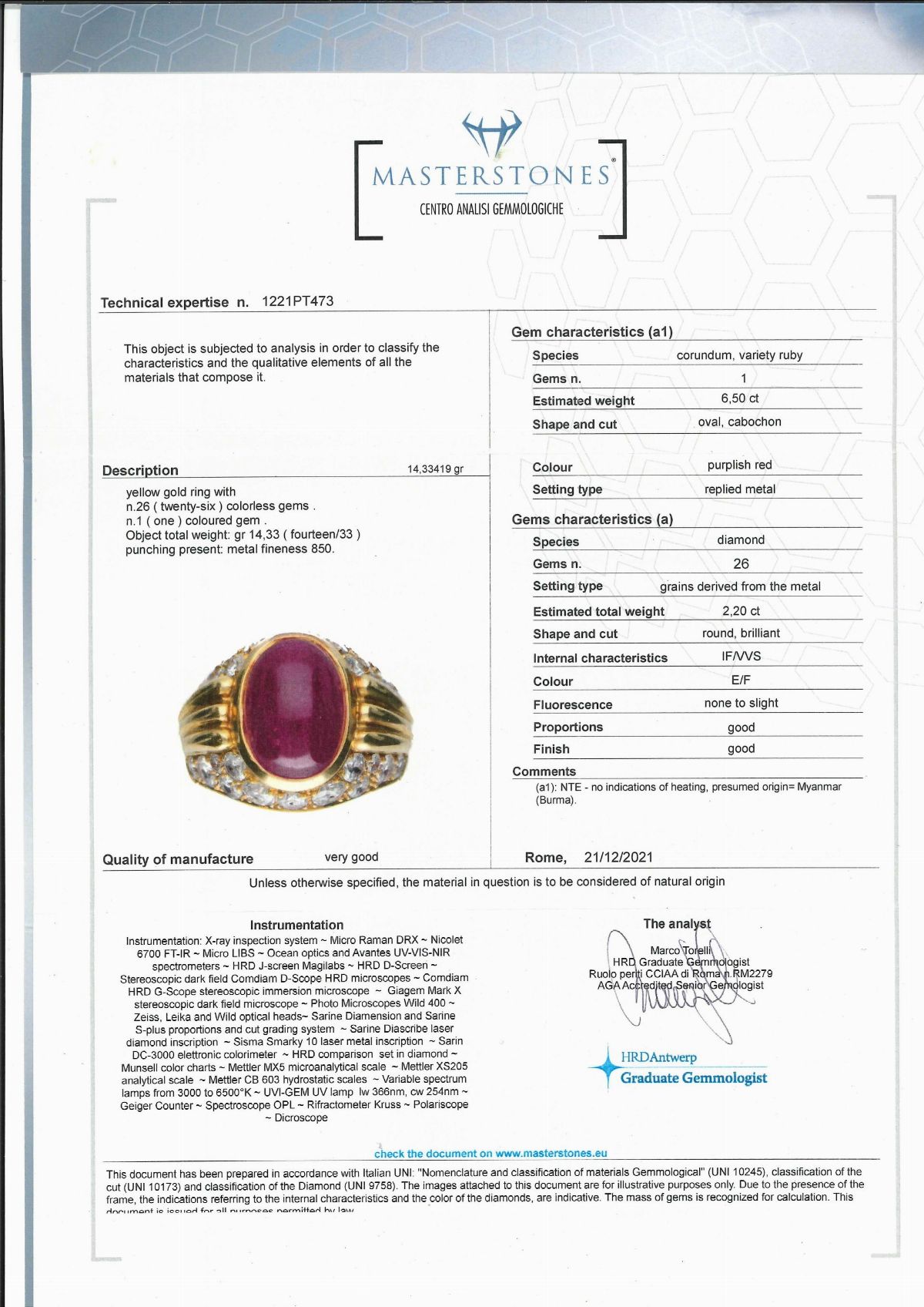 Anello con rubino Burma, oro giallo 20k, diamanti