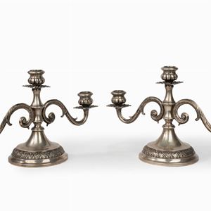 Pair of three-light silver candlesticks, Milan, 1920s-30s