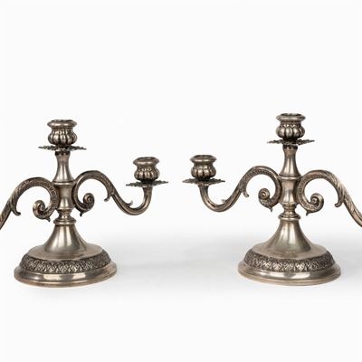 Coppia di Candelieri a Tre Luci in Argento, Milano Anni '20-'30 del Novecento