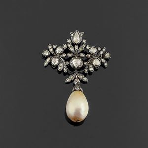 Pendente-spilla con perla naturale e diamanti, XIX secolo