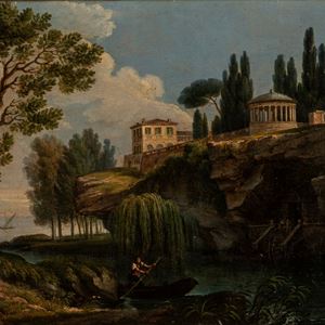 Pittore romantico dell'inizio del secolo XIX - View of the lake with an ancient villa
