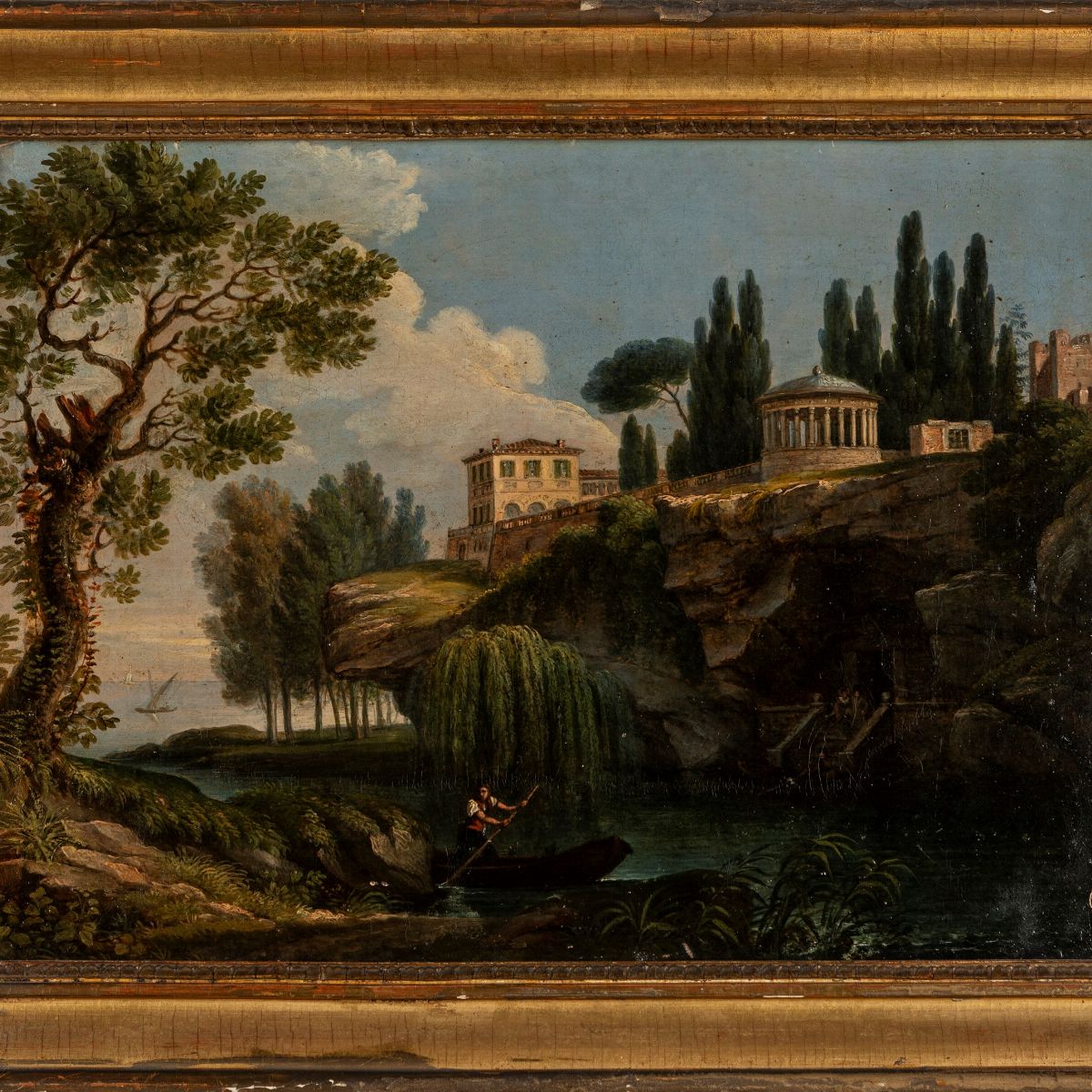Pittore Romantico Dell'inizio del Secolo XIX - Scorcio Lacustre con Antica Villa