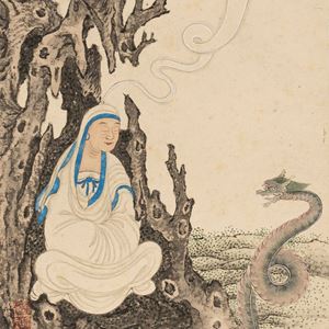 Oriental painting representing a figure in meditation with a snake-dragon, 19th century