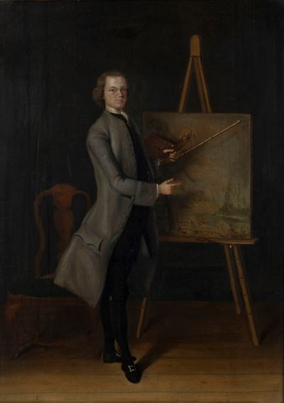Scuola inglese, Ritratto di artista al cavalletto, olio su tela