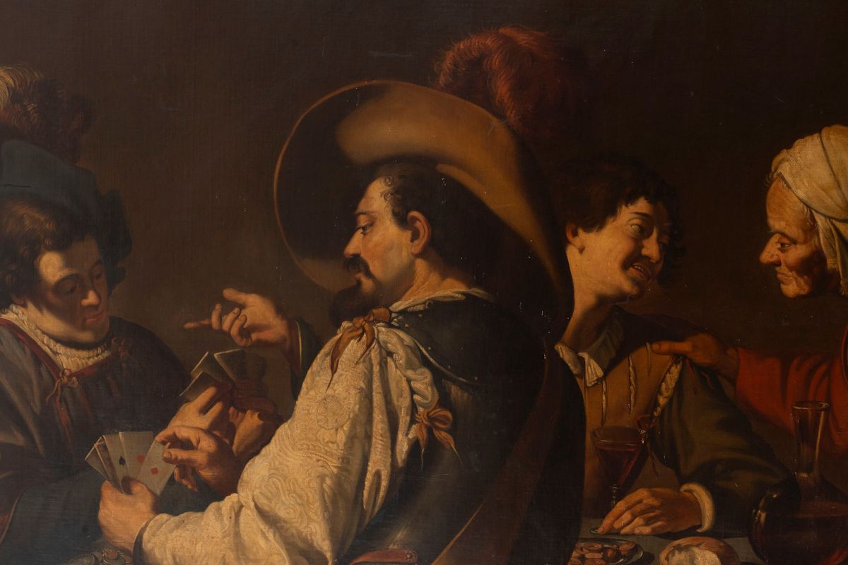 Da Theodoor Rombouts, Secoli XVIII-XIX - Copia di Theodoor Rombouts, Giocatori di carte, olio su ...