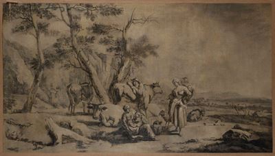 Paesaggio con pastori e armenti a riposo, olio su tela en grisaille