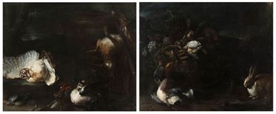 Artista napoletano del XVIII secolo, Coppia di dipinti di cacciagione di penna, olio su tela