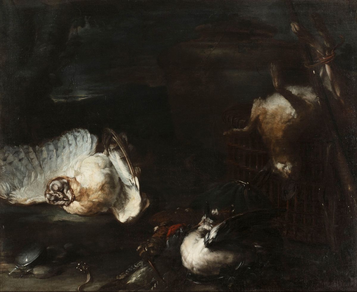 Attribuito a Baldassarre De Caro - Artista napoletano del XVIII secolo, Coppia di dipinti di cacc...