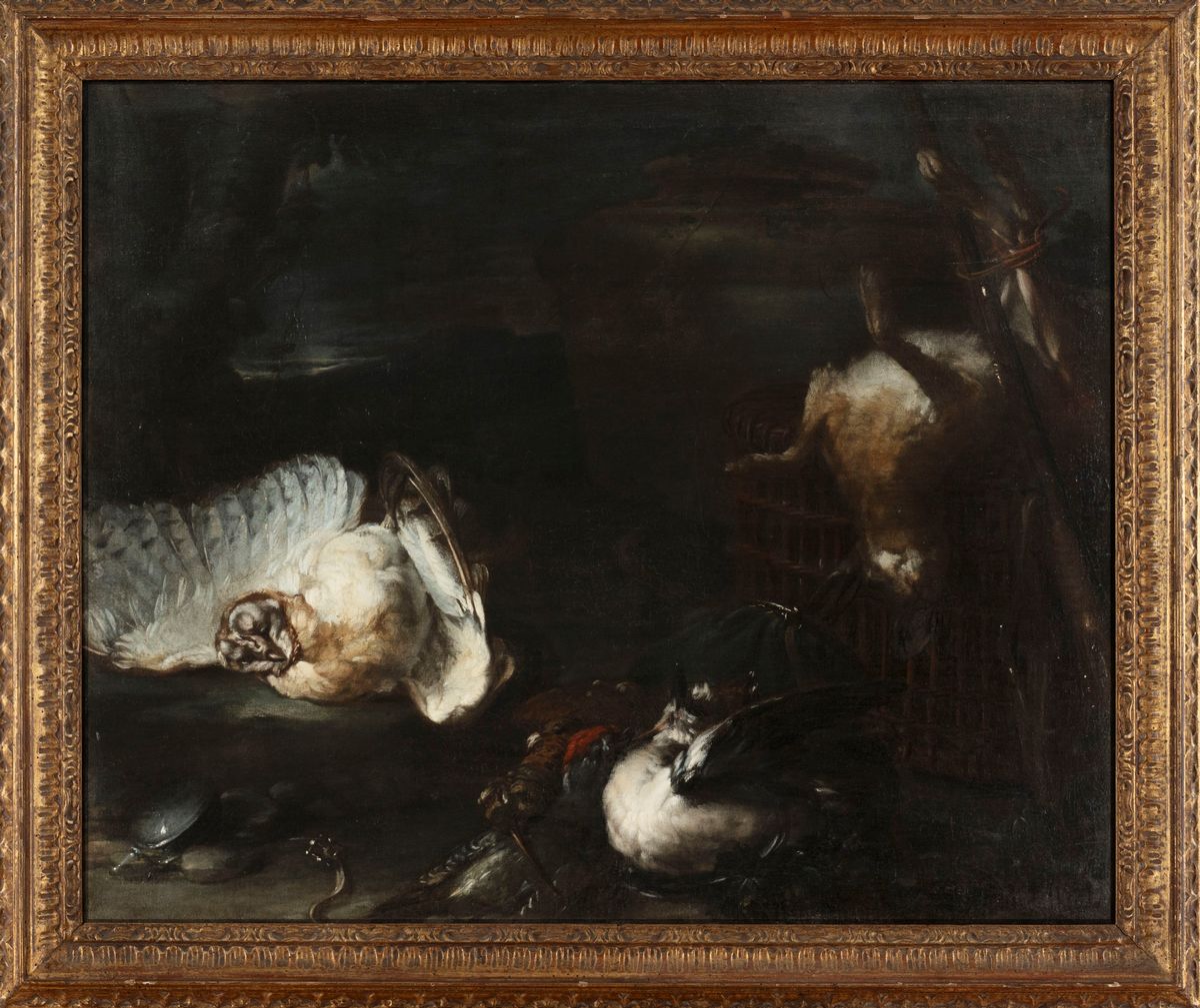 Attribuito a Baldassarre De Caro - Artista napoletano del XVIII secolo, Coppia di dipinti di cacc...