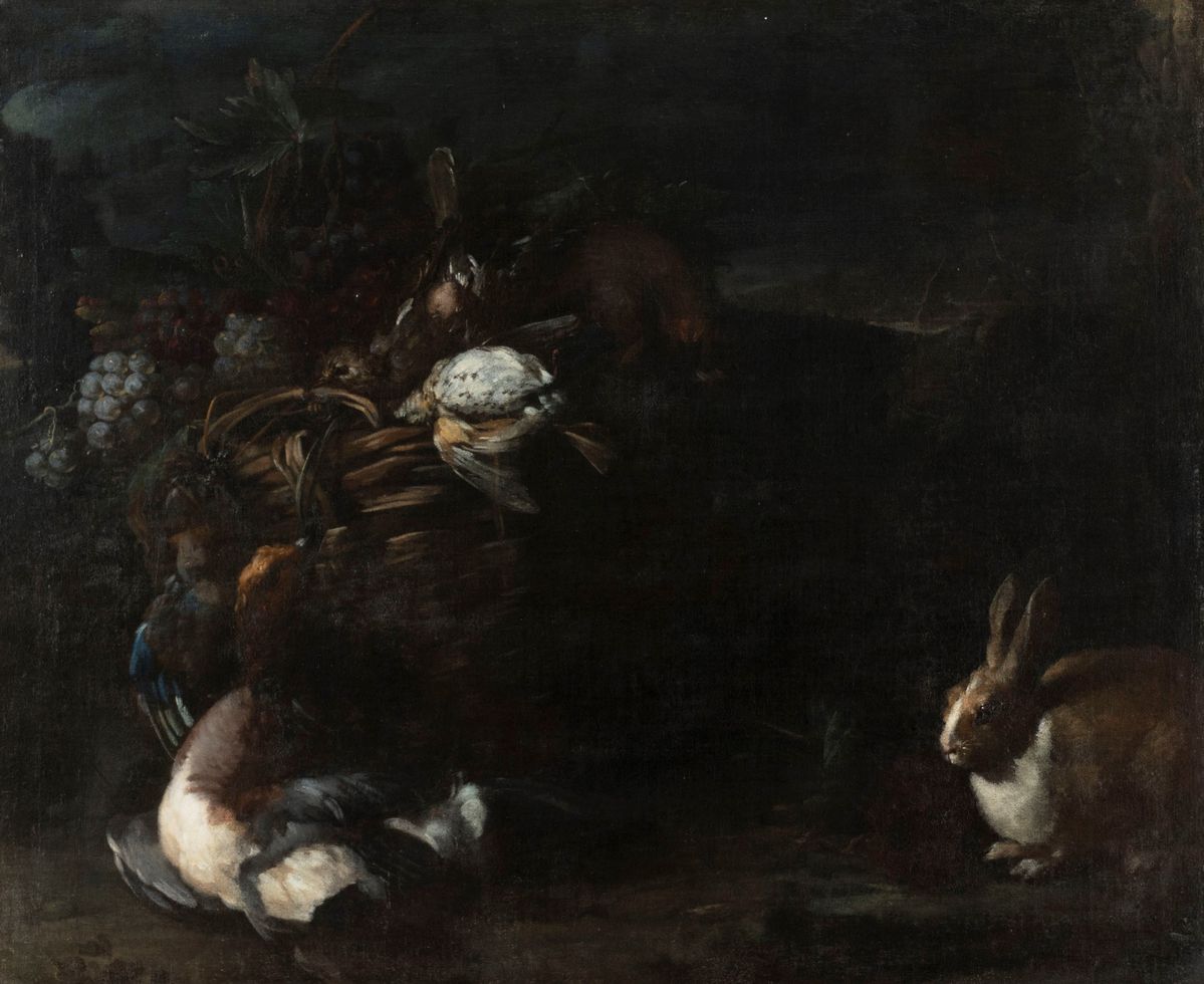 Attribuito a Baldassarre De Caro - Artista napoletano del XVIII secolo, Coppia di dipinti di cacc...