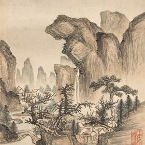 Oriental painting representing landscape with mountains and bridge, 19th century