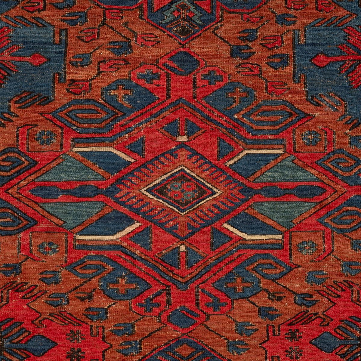 Tappeto Caucasico Kuba a Motivi Geometrici Rossi e Blu, Secolo XX
