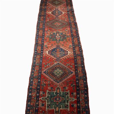 Tappeto Guida Caucasico Kazak a Motivi Geometrici Rosso e Blu, Secolo XX