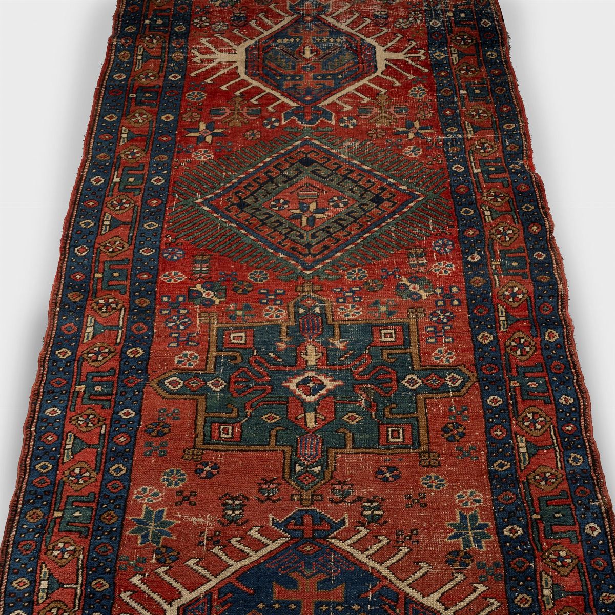 Tappeto Guida Caucasico Kazak a Motivi Geometrici Rosso e Blu, Secolo XX