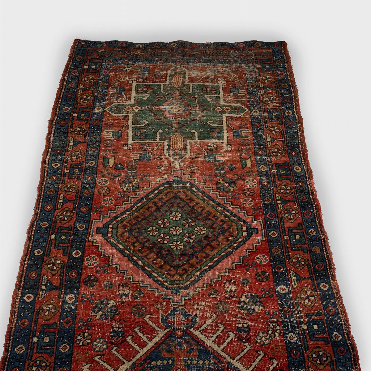 Tappeto Guida Caucasico Kazak a Motivi Geometrici Rosso e Blu, Secolo XX