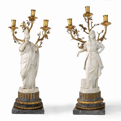Coppia di Candelieri Impero in Biscuit e Bronzo Dorato Raffiguranti Atena e Onfale, Secolo XIX
