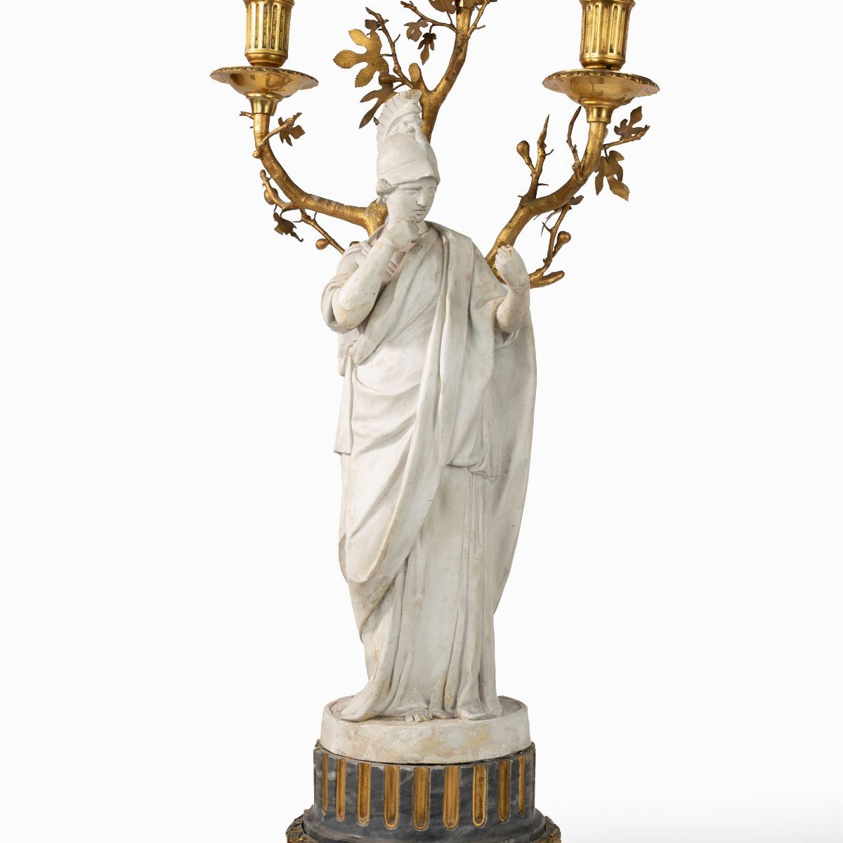 Coppia di Candelieri Impero in Biscuit e Bronzo Dorato Raffiguranti Atena e Onfale, Secolo XIX