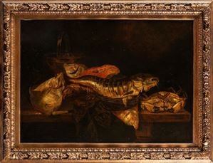 Scuola fiamminga, secolo XVIII - Fishes with crab on a table