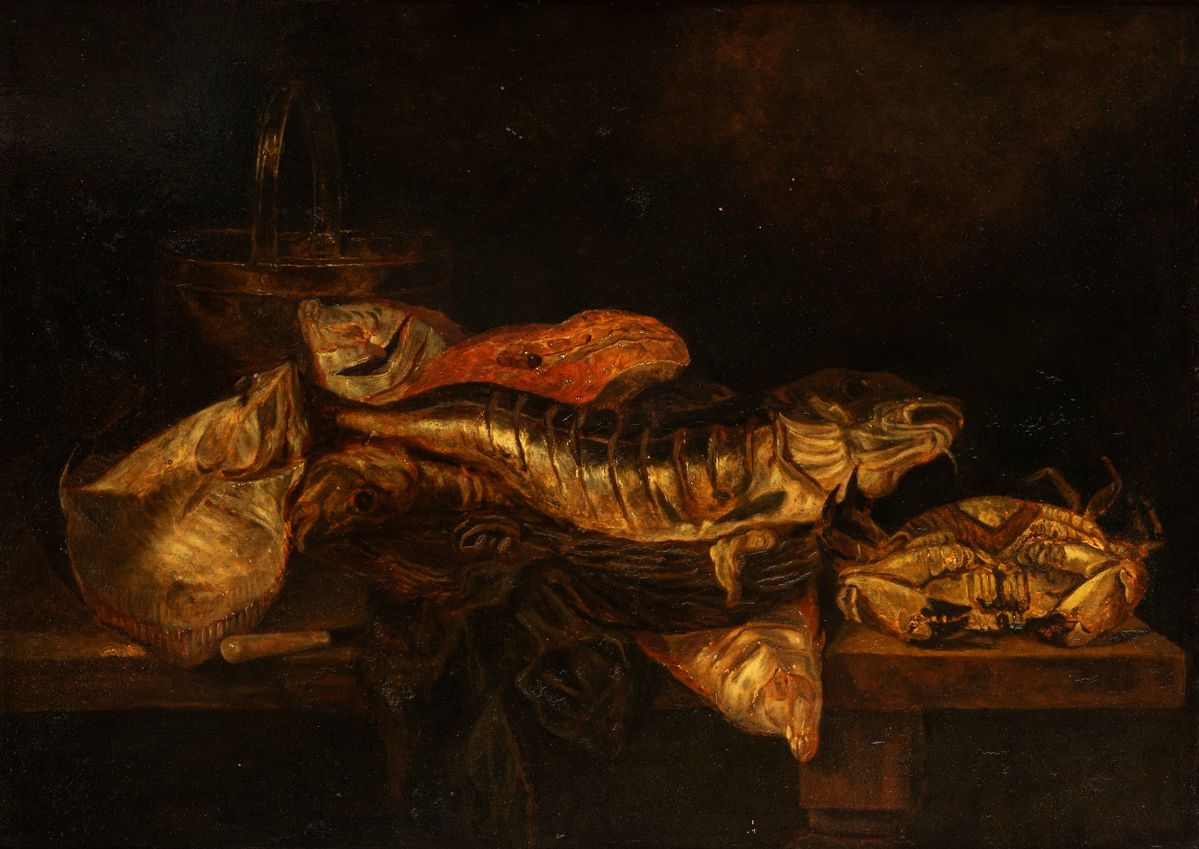 Scuola Fiamminga, Secolo XVIII - Trionfo di pescato con granchio su un tavolo in un interno, olio...