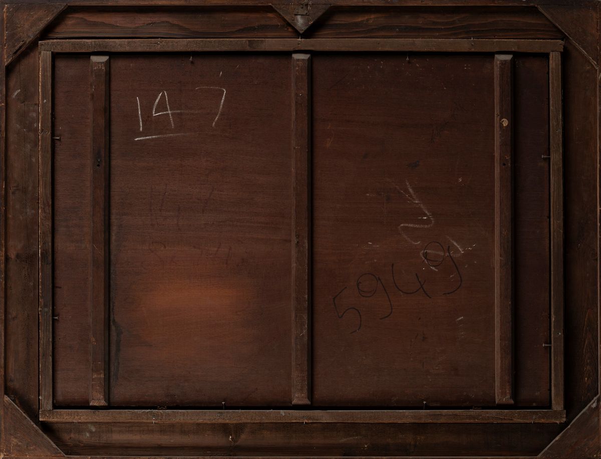 Scuola Fiamminga, Secolo XVIII - Trionfo di pescato con granchio su un tavolo in un interno, olio...