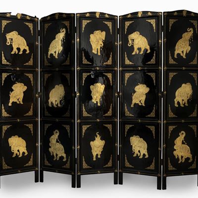 Paravento in Lacca Nera e Decorazioni in Oro, Birmania, Secolo XX