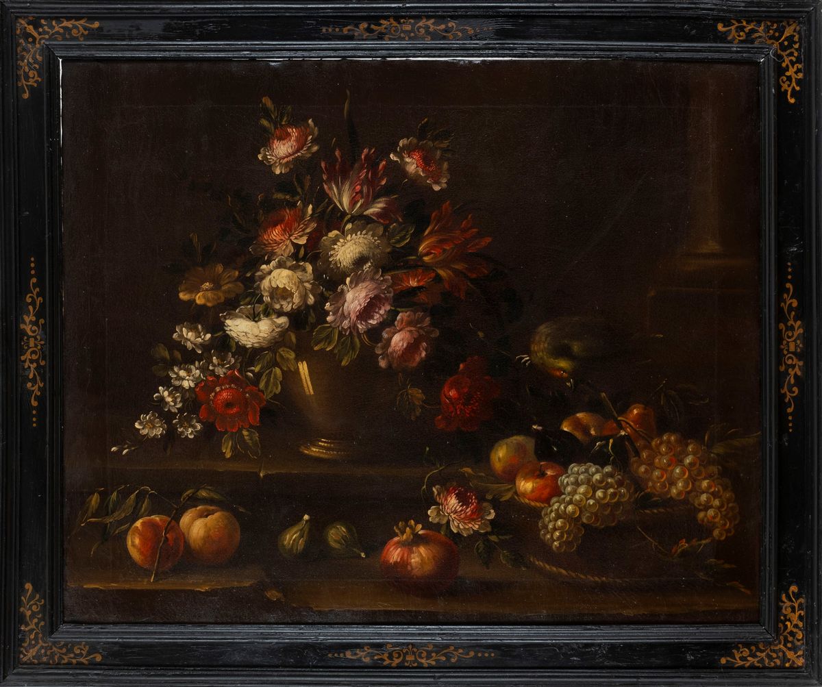 Scuola Italiana, Secolo XVIII - Autore sconosciuto, Rose, tulipani e altri fiori in un vaso, frut...