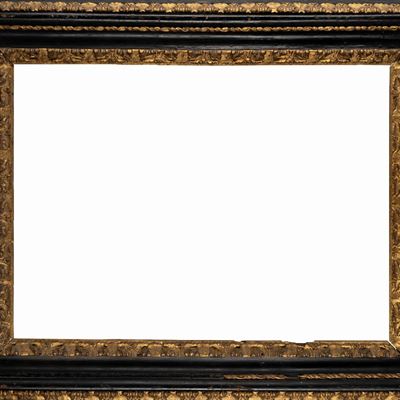 Cornice Salvator Rosa a Tre Ordini di Intaglio in Legno Nero e Oro, Secolo XVIII