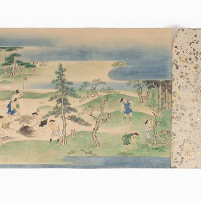 Emakimono Dipinto su Carta Raffigurante Costruzione di un Villaggio, Giappone Periodo Edo