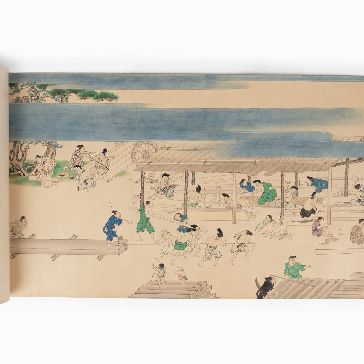 Emakimono Dipinto su Carta Raffigurante Costruzione di un Villaggio, Giappone Periodo Edo