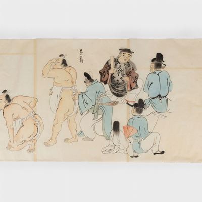 Emakimono Dipinto su Carta Velina Raffigurante Lottatori di Sumo e Arcieri, Giappone Periodo Edo