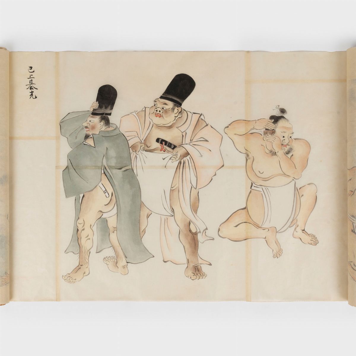 Emakimono Dipinto su Carta Velina Raffigurante Lottatori di Sumo e Arcieri, Giappone Periodo Edo