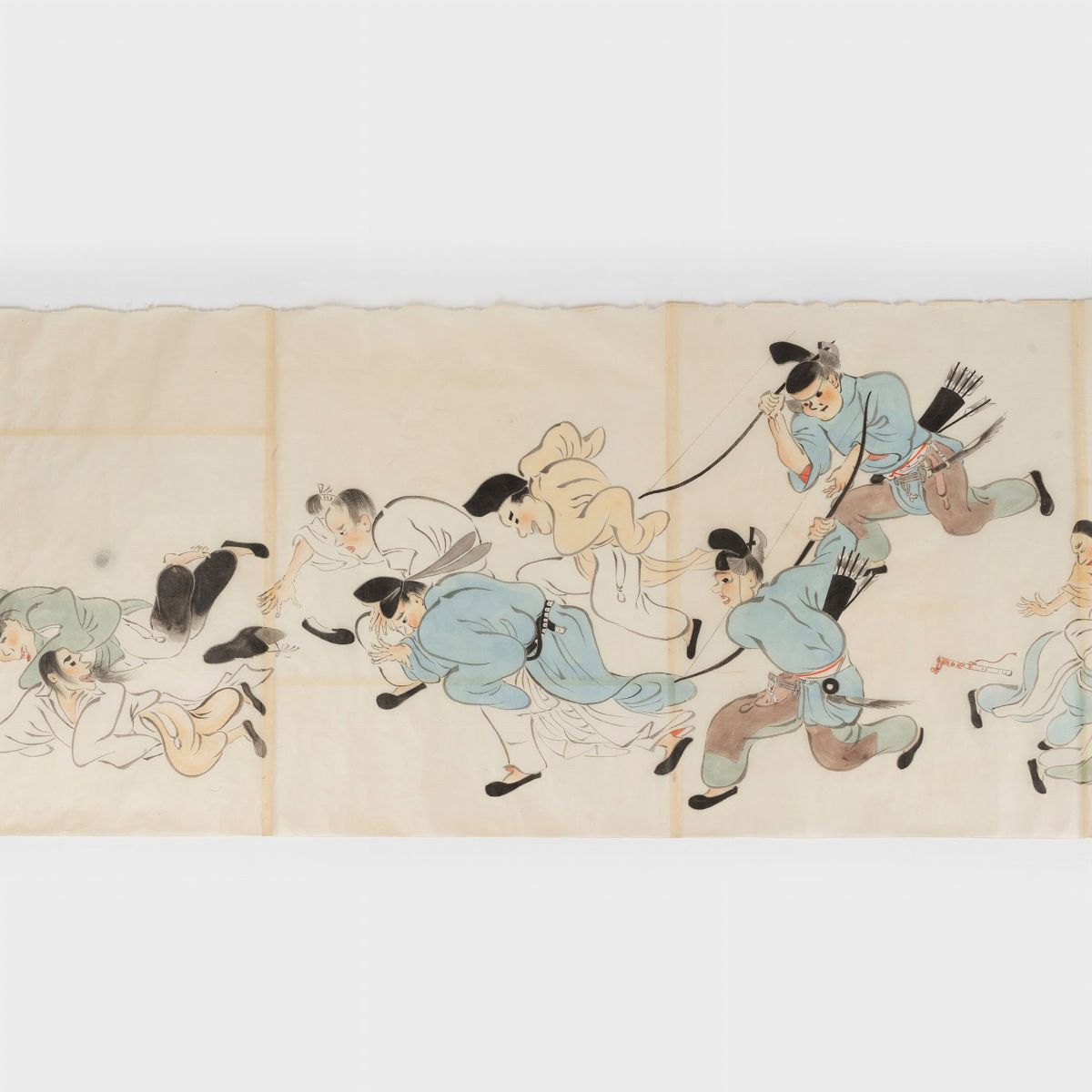 Emakimono Dipinto su Carta Velina Raffigurante Lottatori di Sumo e Arcieri, Giappone Periodo Edo