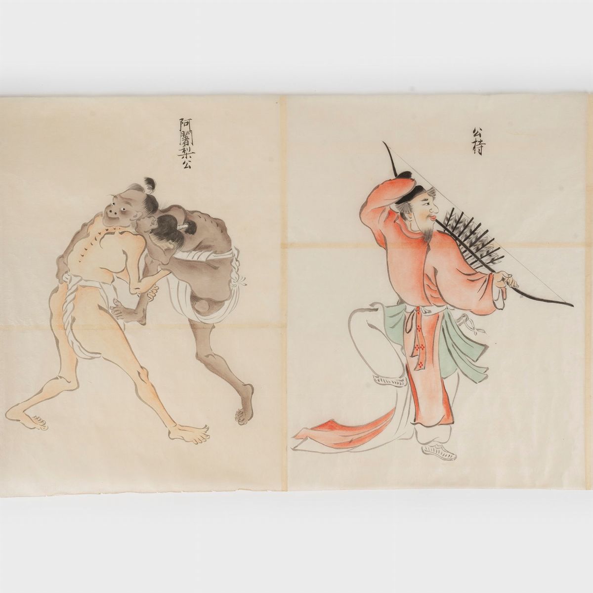 Emakimono Dipinto su Carta Velina Raffigurante Lottatori di Sumo e Arcieri, Giappone Periodo Edo