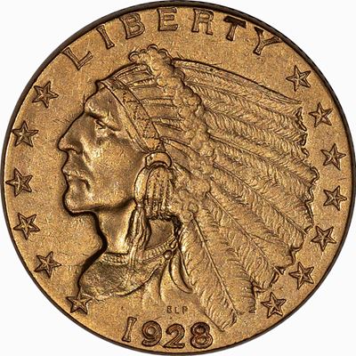 2 e 1/2 dollari 'Indian Head', 1928, metallo: oro, peso: gr. 4,10, diametro: mm. 17,64