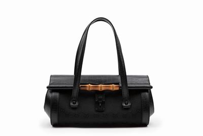 Borsa in tela logata nera con manici in pelle e dettaglio in bambù
