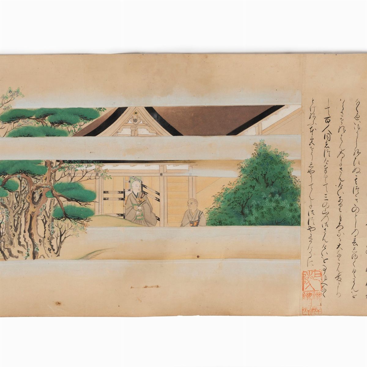 Emakimono painted on paper representing a ritual scene in a temple ...