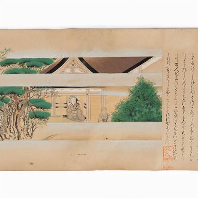 Emakimono Dipinto su Carta Raffigurante Scena Rituale Presso un Tempio, Giappone Periodo Edo