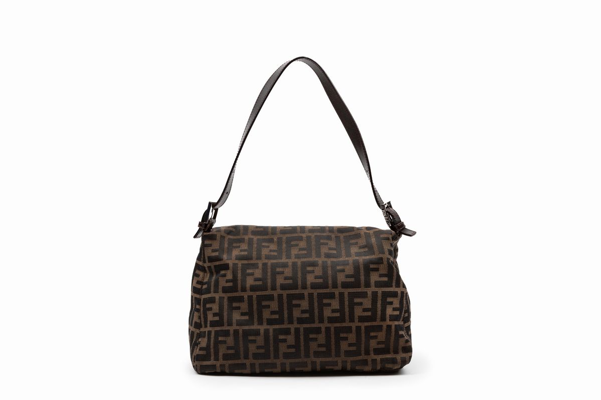 Fendi - Borsa in tela Zucca con tracolla in pelle marrone