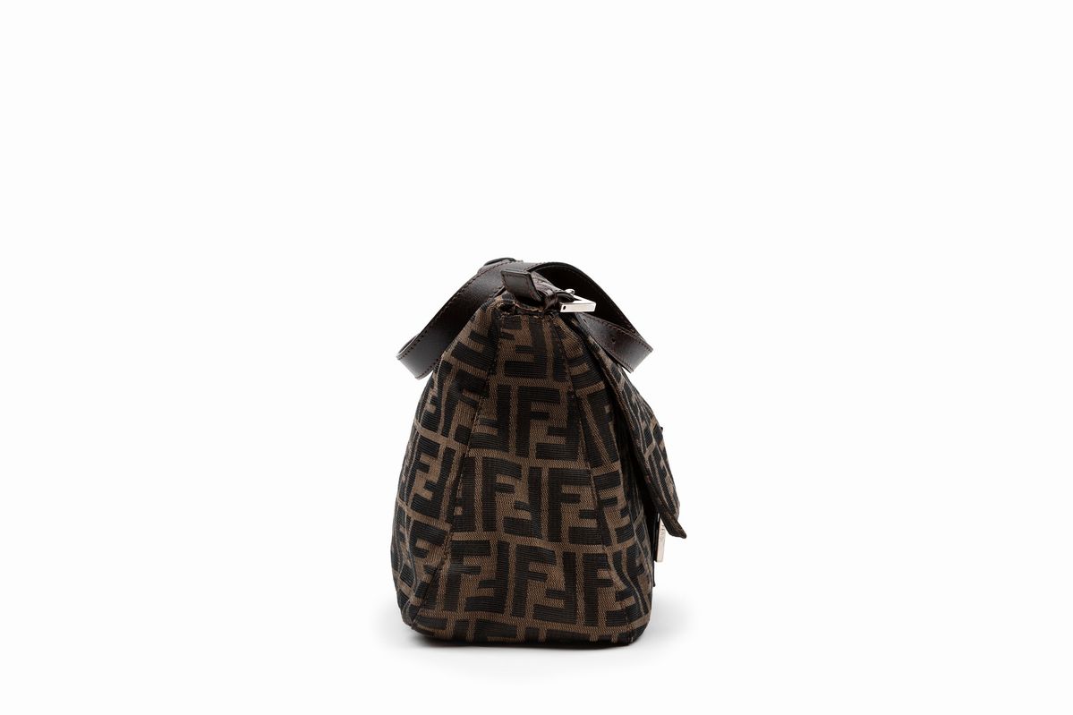 Fendi - Borsa in tela Zucca con tracolla in pelle marrone