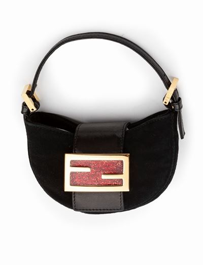 Borsa mini croissant in camoscio nero con dettagli in pelle e metallo dorato