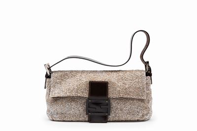 Borsa Baguette in tessuto ricamato con canottiglie di vetro