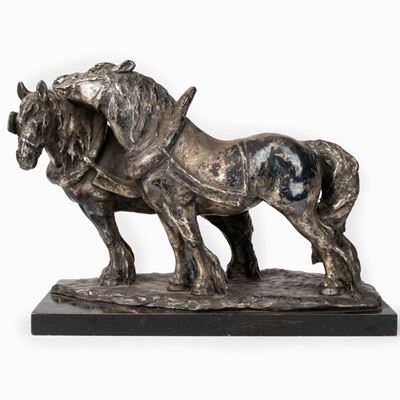 Scultura in Terracotta Ricoperta con Lamina in Rame Argentato, Raffigurante Due Cavalli, Anni '20...